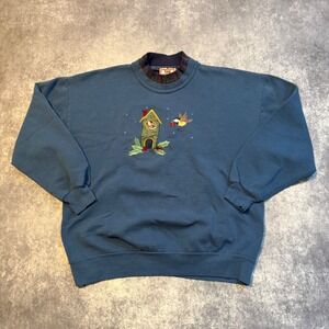 Vintage Top Stitch Morning Sun Grandma Birdhouse Sweatshirt Women's XL Blue